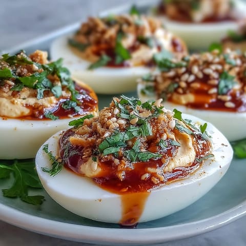 Six spicy deviled egg halves garnished with scallions, served as a zesty appetizer for a party spread.