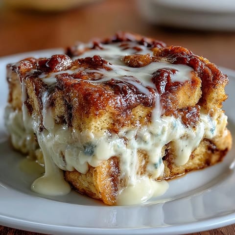 Cream Cheese Swirl Cinnamon Roll French Toast Bake in a golden 9x13 casserole dish with a gooey cinnamon glaze.