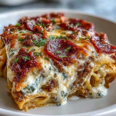 Steaming High-Protein Pizza Pasta Bake fresh from the oven with golden bubbly mozzarella and crispy pepperoni slices.