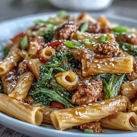 Close-up of Sweet & Spicy Turkey Broccoli Pasta coated in glossy sauce, with tender broccoli florets and ground turkey mixed in.
