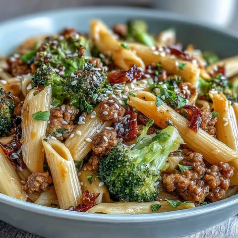 Close-up of Sweet & Spicy Turkey Broccoli Pasta, featuring tender turkey and bright red bell peppers in a glossy sauce.