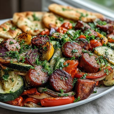 Colorful Smoky Sheet Pan Sausage & Veggies piled on a baking sheet beside warm naan, fresh parsley, and lemon wedges for brightness.