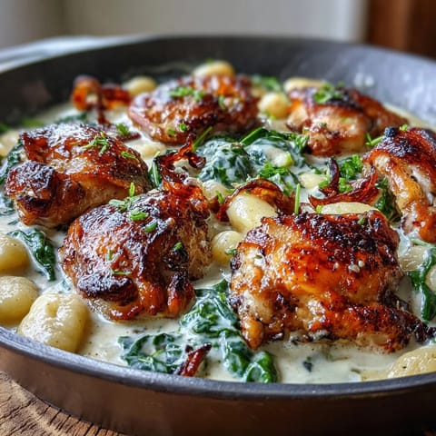 Juicy chicken thighs in creamy Parmesan sauce alongside tender gnocchi and wilted spinach.