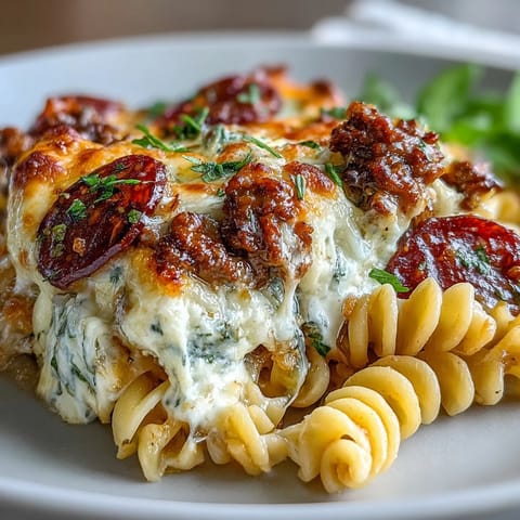 Golden-brown, bubbling High-Protein Pizza Pasta Bake fresh from the oven, featuring penne, lean beef, and melted mozzarella.