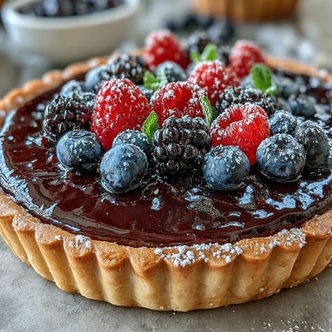 Vibrant black currant fruit tart with glossy red berries on a golden buttery crust.  