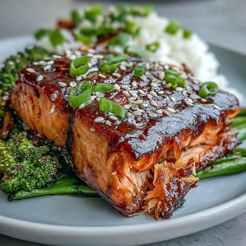 A colorful sheet pan teriyaki salmon dish with roasted broccoli and snap peas, glazed in a sweet and savory homemade sauce.