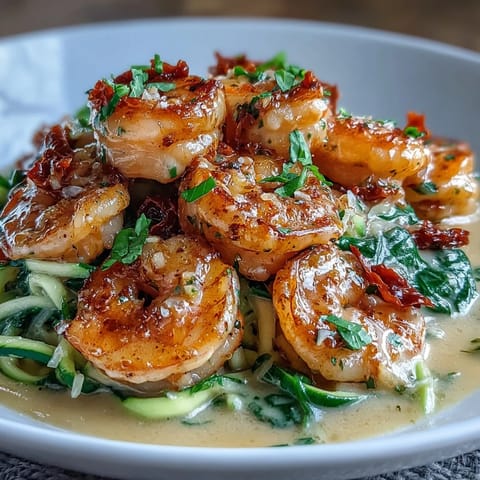 Keto-friendly Tuscan shrimp served over tender zucchini noodles, simmered in a garlicky cream sauce with vibrant spinach and Parmesan cheese.  