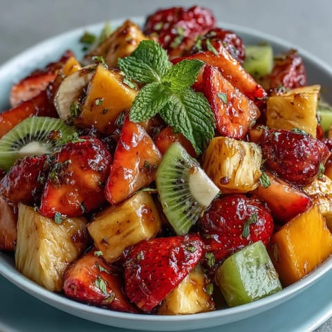 Colorful bowl of fresh tropical fruit salad featuring strawberries, kiwi, and watermelon with zesty mint lime dressing.  