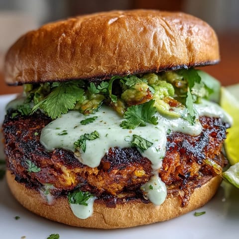 Crispy vegan sweet potato black bean burgers with creamy avocado lime sauce and fresh toppings.  