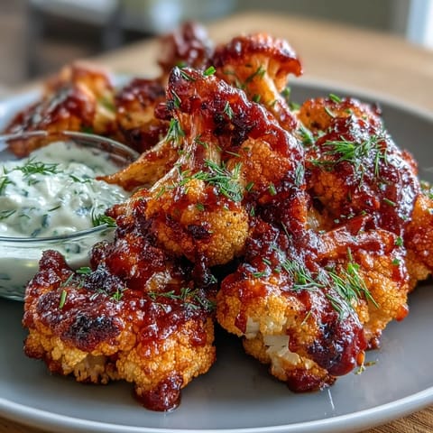 Spicy roasted cauliflower bites drizzled in buffalo sauce, served alongside creamy ranch yogurt dip.