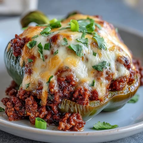 Vibrant bell peppers stuffed with seasoned ground beef taco filling, topped with gooey melted cheddar cheese for a delicious keto-friendly dinner.