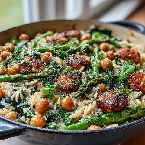 A bright, zesty one-pot meal of orzo pasta with chickpeas, spring vegetables, and fresh herbs in a lemony sauce.
