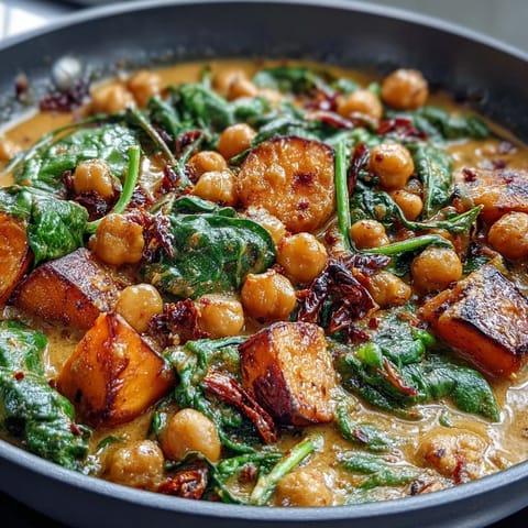 Creamy coconut curry chickpea skillet with spinach and sweet potato, a vegan one-pan dinner full of aromatic spices and tender vegetables.