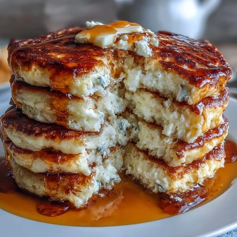 Fluffy cottage cheese pancakes without flour, stacked high and topped with fresh berries and a drizzle of honey.  