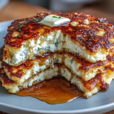 Golden-brown flourless pancakes made with cottage cheese, served with a side of creamy Greek yogurt and sliced bananas.  
