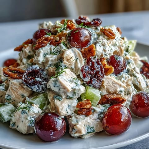 Creamy vegan chicken salad with crunchy almonds, celery, and sweet red grapes served on a croissant.  