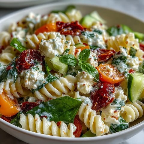 High protein cottage cheese pasta salad with colorful veggies and creamy dressing in a large bowl, perfect for a healthy lunch or meal prep.