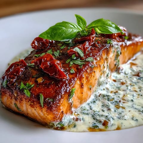 Creamy garlic salmon with sun-dried tomatoes in a rich sauce, perfect for a romantic dinner or special occasion.  