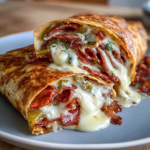 A golden, crisp low-carb tortilla stuffed with melted provolone, spicy salami, and tangy banana peppers.