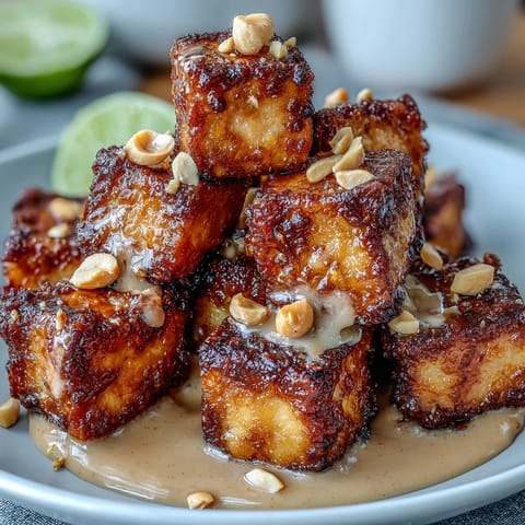 Golden crispy tofu cubes from the air fryer paired with a creamy peanut sauce, garnished with fresh cilantro and lime wedges.  
