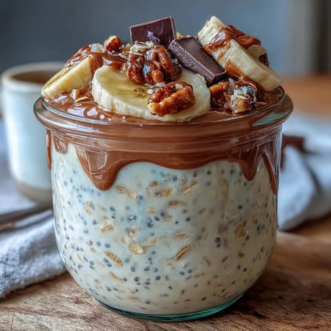 Velvety banana-infused oats layered with melted dark chocolate and crunchy nuts, perfect for a quick morning meal.  