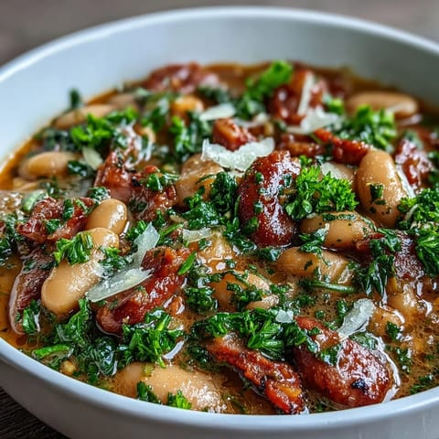 Hearty Ham and Cannellini Bean Stew with tender vegetables and savory broth in a rustic bowl.  