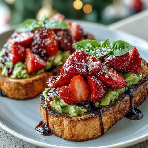 A colorful Galentine's brunch avocado toast with ripe avocado, fresh strawberries, and a drizzle of balsamic glaze, perfect for sharing with friends.