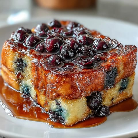Blueberry Sourdough French Toast Bake with golden custard and juicy berries in a cozy baking dish.  