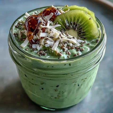 A nourishing breakfast bowl of matcha-infused oats with chia seeds, coconut, and vibrant berries for a refreshing morning treat.  