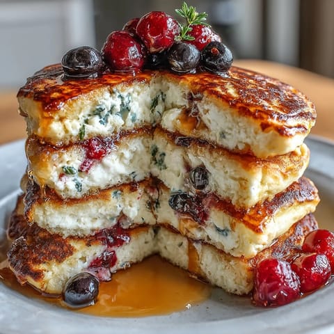 Fluffy cottage cheese and berry protein pancakes stacked high with fresh raspberries and blueberries.