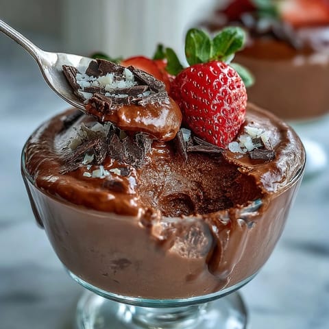 High-protein chocolate cottage cheese mousse cups topped with fresh berries and chocolate shavings.  