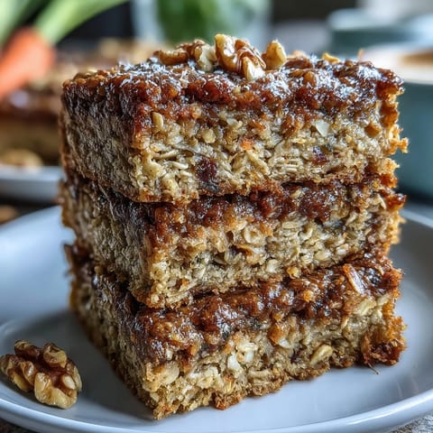 Moist and spiced carrot cake baked oatmeal squares served warm with a drizzle of maple syrup.