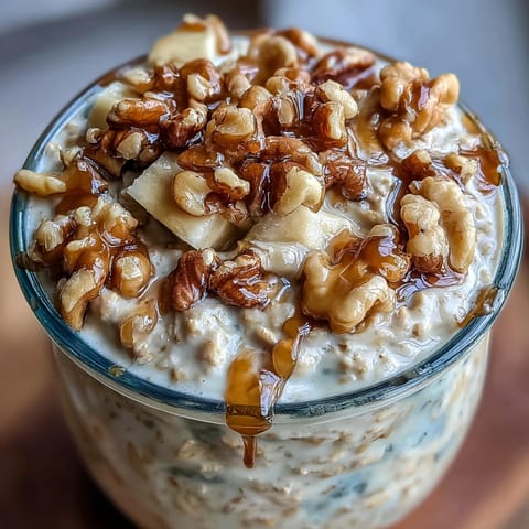 Creamy Banana Bread Overnight Oats with Walnuts in glass jars, topped with banana slices and crunchy nuts.  