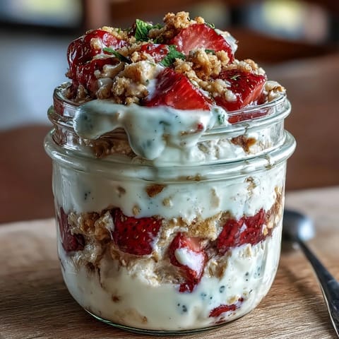 Rich and indulgent strawberry cheesecake overnight oats with a creamy yogurt-cheesecake layer, perfect for a grab-and-go morning meal.