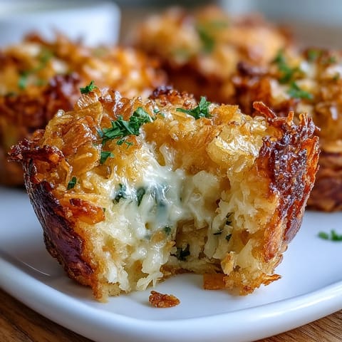 Funeral potatoes muffin cups with golden crunchy topping and melted cheese