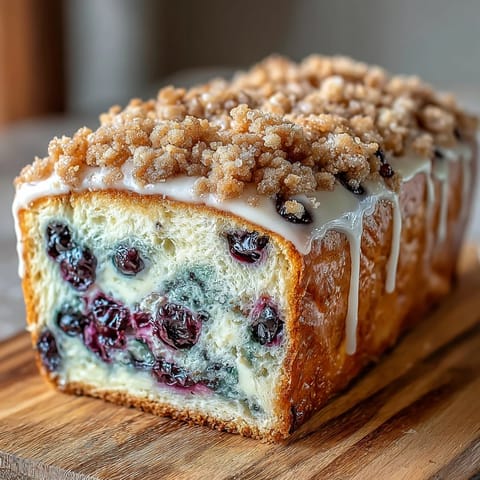 Lemon Blueberry Sourdough Swirl Loaf with Crumble Top, golden loaf with vibrant blueberry swirls and buttery streusel topping.