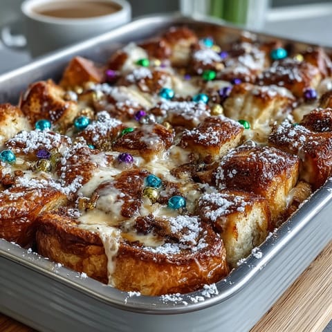 King Cake Overnight French Toast Bake with golden custard-soaked brioche and festive icing.