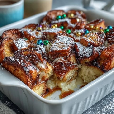 Cinnamon-swirl bread casserole baked to perfection, topped with colorful Mardi Gras sprinkles and glaze.