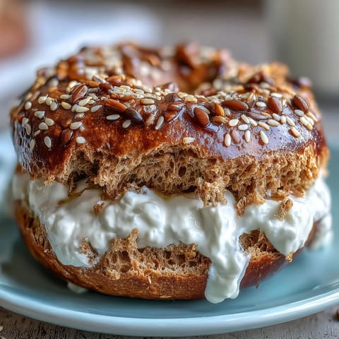 Golden whole wheat bagels with honey drizzle, packed with protein and served with a creamy yogurt dip for a nourishing breakfast or snack.  