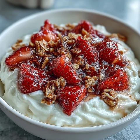 Creamy whipped Greek yogurt breakfast bowl layered with juicy strawberries and crunchy granola topping.  
