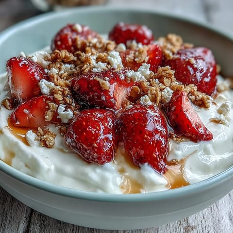 Fluffy yogurt breakfast bowl with strawberries and granola crunch, topped with fresh mint and chia seeds.  