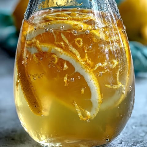 A bright yellow glass of homemade limoncello with fresh lemon slices on a rustic wooden table.
