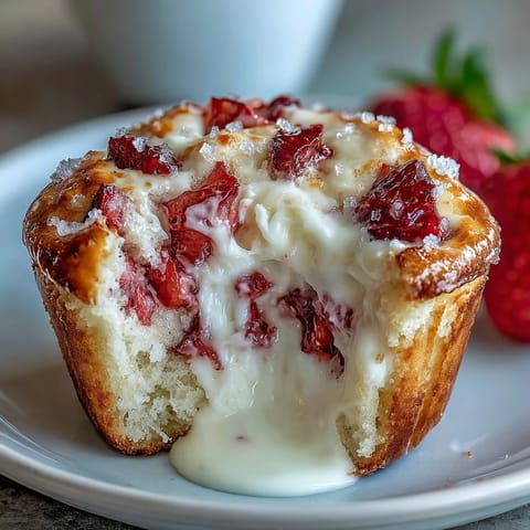 Delightful strawberry cream cheese muffins with swirls of cheesecake and diced berries, perfect for breakfast or brunch.  