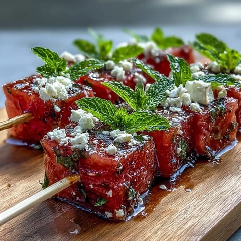 Vibrant watermelon feta salad skewers with fresh mint and creamy cheese, perfect for summer parties and light appetizers.