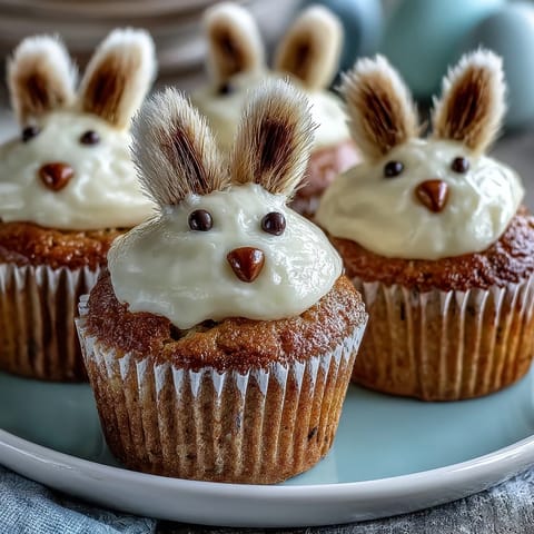Moist spiced carrot cake cupcakes decorated as cute Easter bunnies, topped with fluffy cream cheese frosting and candy details.  