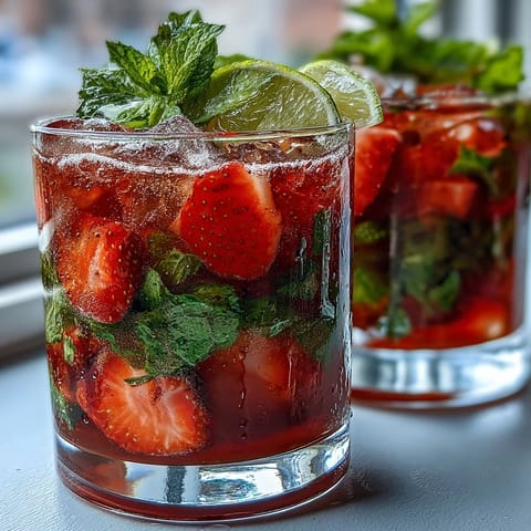 A vibrant pitcher of strawberry mint mocktail with fresh berries, mint leaves, and citrus slices for a refreshing spring drink.