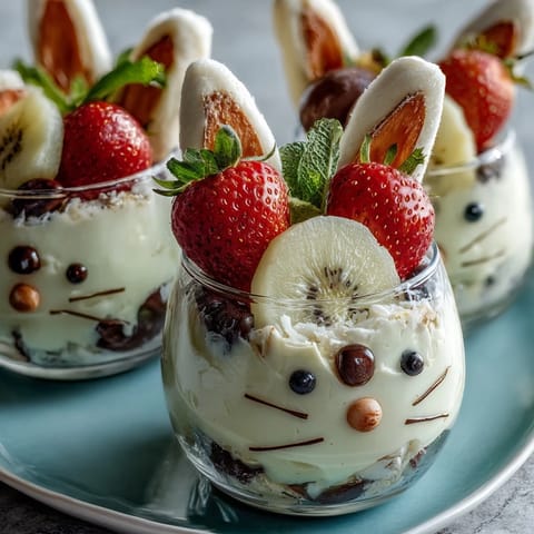 Adorable bunny fruit cups filled with fresh strawberries, grapes, blueberries, and pineapple, decorated with marshmallows and candy eyes for a festive Easter snack kids will love.