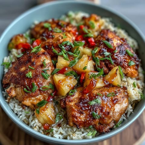 Vibrant pineapple chicken and rice skillet with bell peppers, a colorful one-pan meal perfect for weeknight dinners.