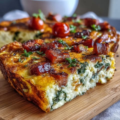 Savory One-Pan Ham and Cheese Frittata with melty cheddar, diced ham, and fresh spinach baked to golden perfection in a skillet.