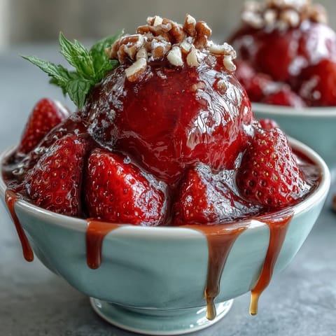 Creamy Greek yogurt bowl topped with vibrant strawberry compote, crunchy nuts, and a honey drizzle for a fresh breakfast treat.